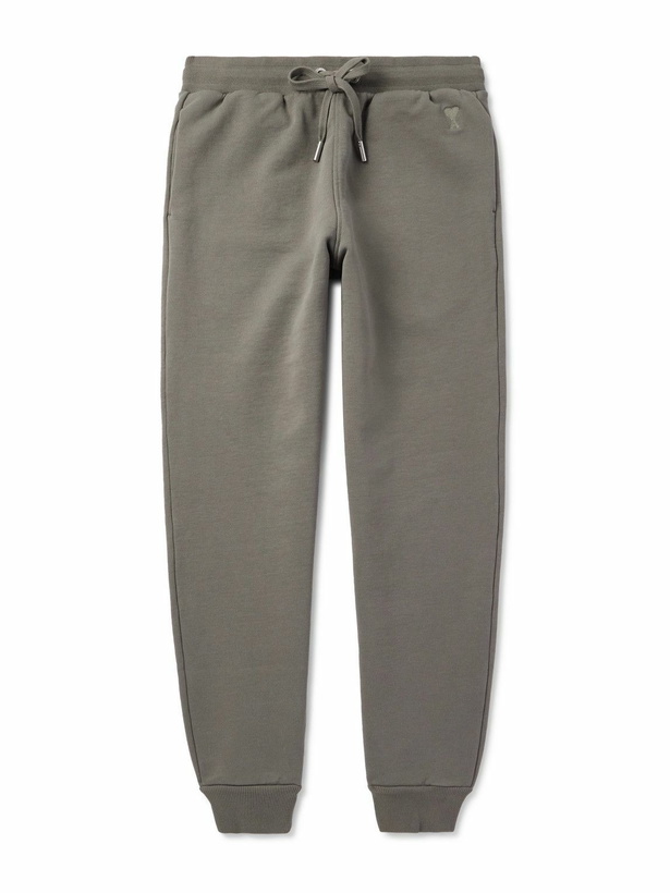 Photo: AMI PARIS - Tapered Logo-Embroidered Organic Cotton-Jersey Sweatpants - Gray