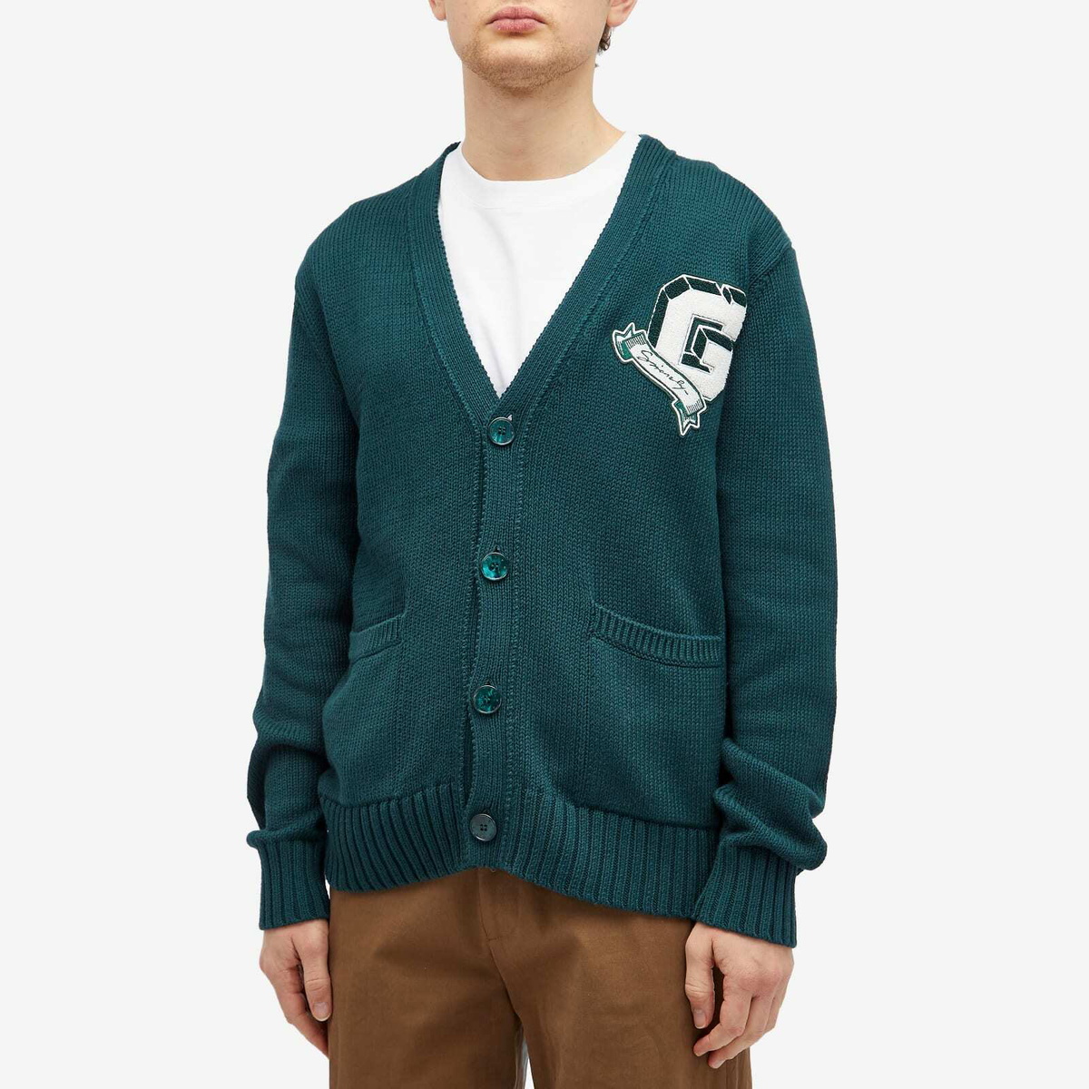 Givenchy Men's V-Neck Varsity Cardigan in Fir Green