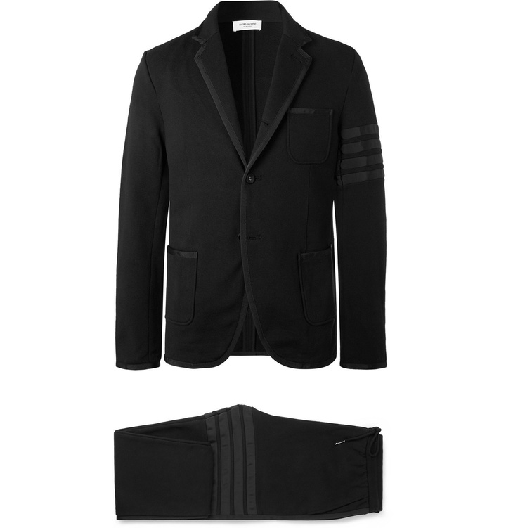 Photo: Thom Browne - Black Slim-Fit Grosgrain-Trimmed Loopback Cotton-Jersey Suit - Black