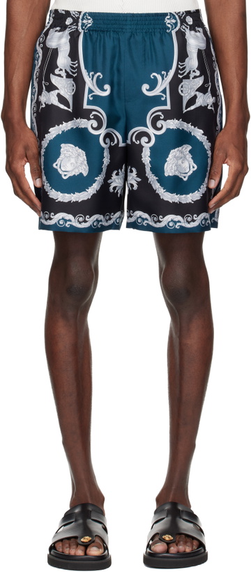 Photo: Versace Black & Navy Printed Silk Twill Slim Shorts