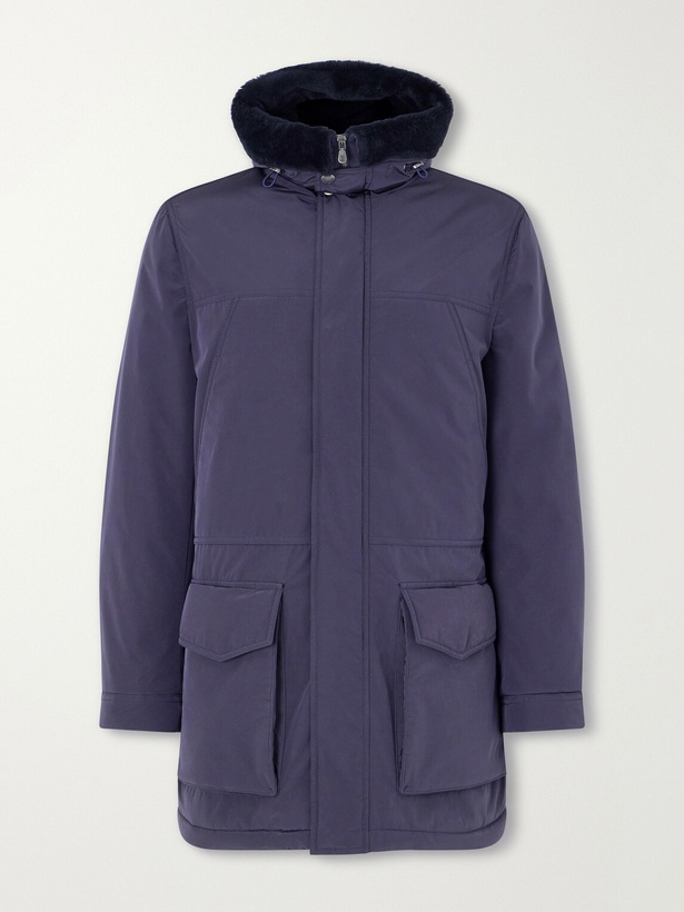 Photo: Brunello Cucinelli - Hooded Padded Shearling-Trimmed Shell Coat - Blue