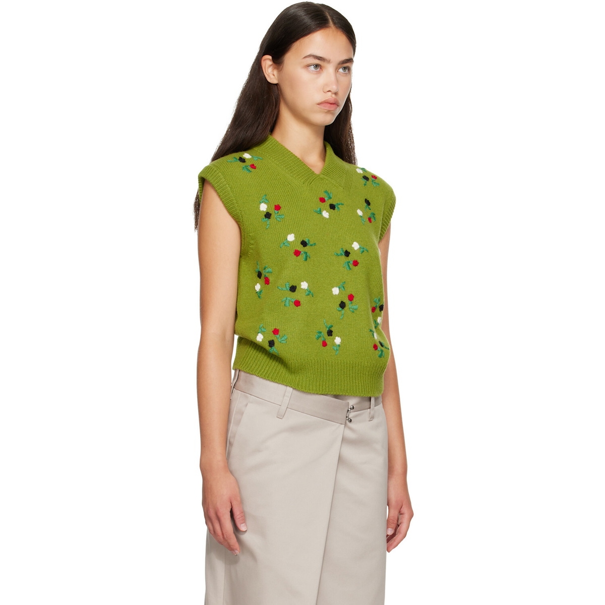 Marni Green Wool-Cashmere Flower Embroidery Vest