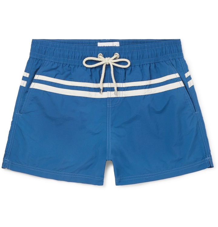 Photo: Atalaye - Roya Short-Length Striped Swim Shorts - Blue