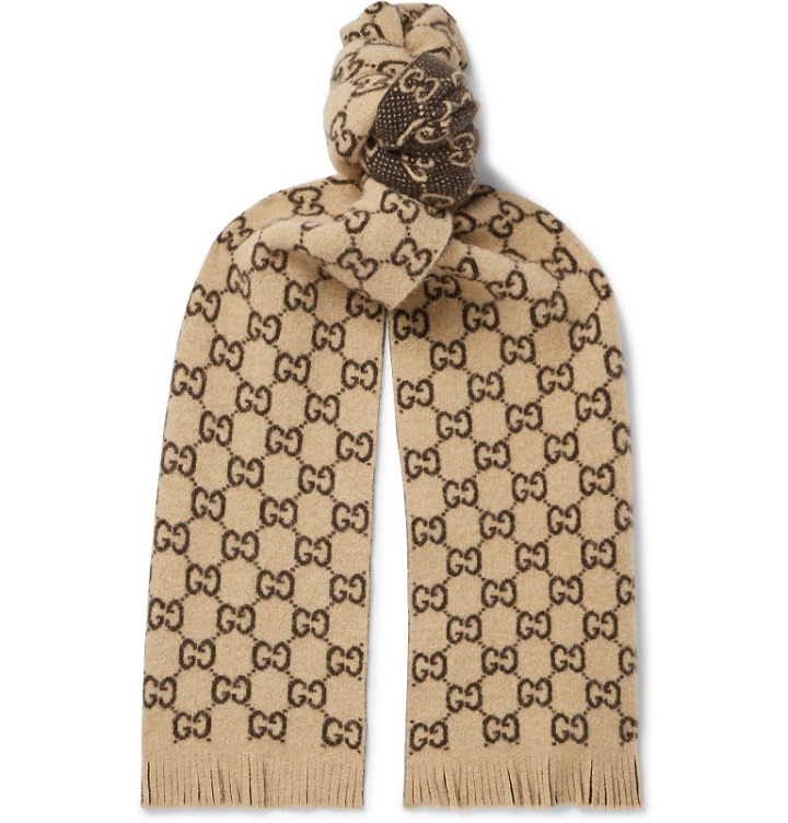 Photo: Gucci - Fringed Logo-Jacquard Wool Scarf - Neutrals