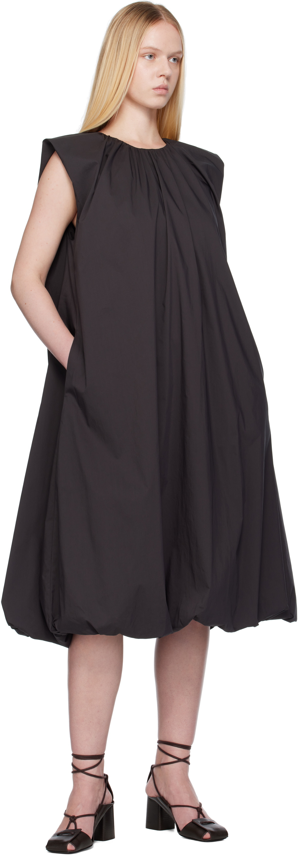 AMOMENTO Gray Cotton Volume Shirring Minidress