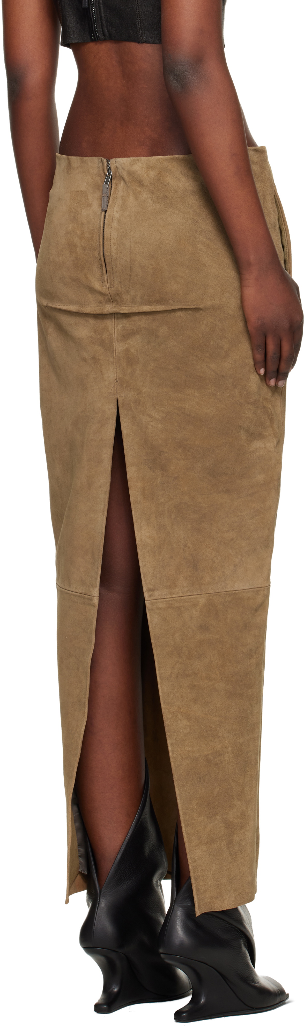 Rick Owens Tan Temple Sliced Suede Midi Skirt