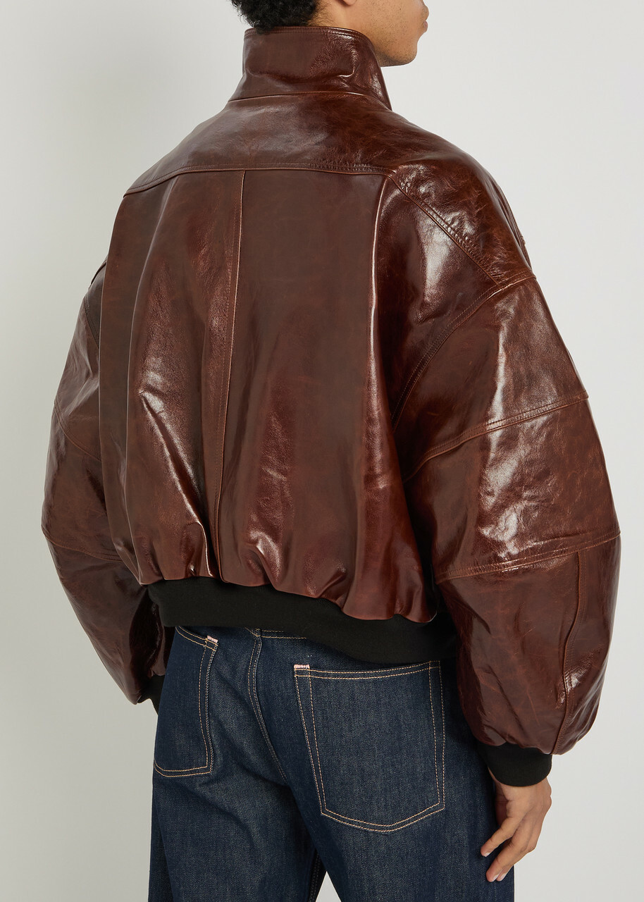 Willy Chavarria Quilted Leather Bomber Jacket Brown