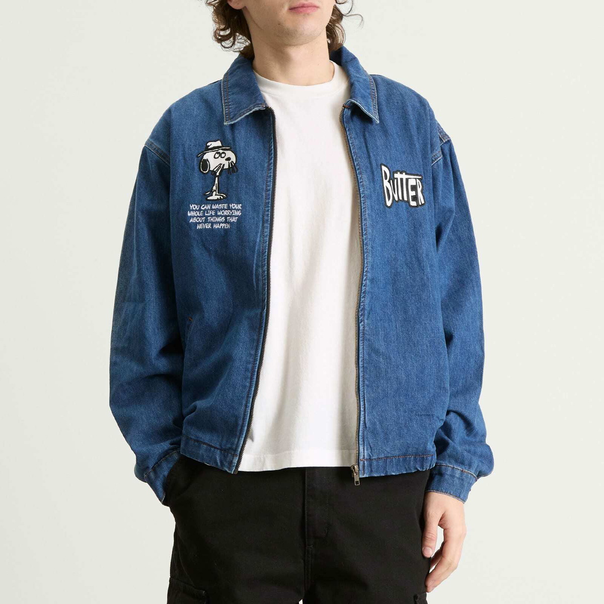 Butter Goods Men's x Peanuts Spike Denim Jacket in Distressed Indigo