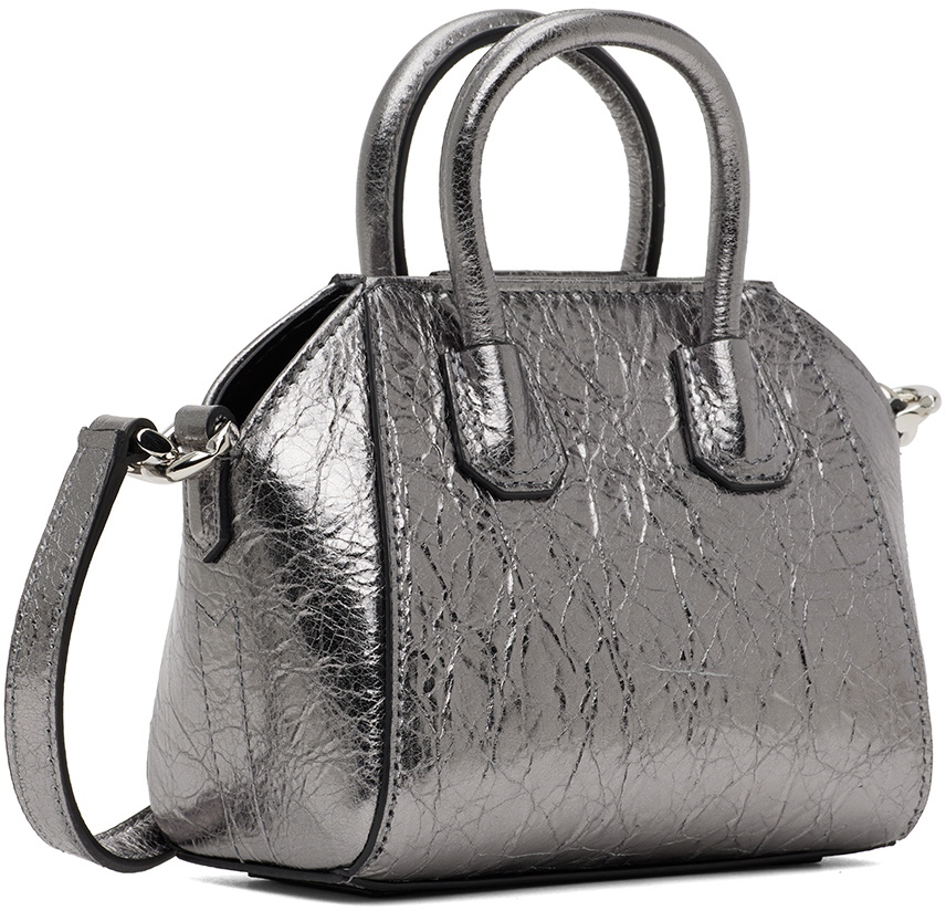 Micro Antigona bag in laminated leather - silvery grey