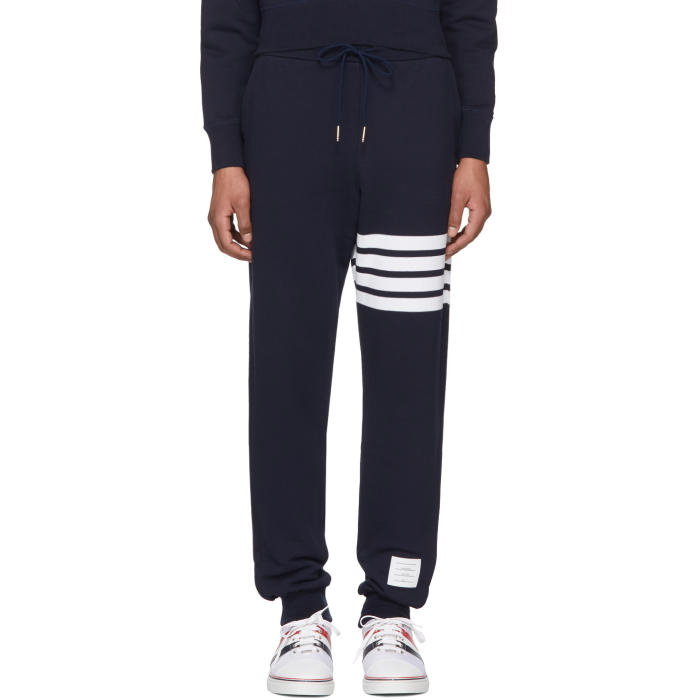 Photo: Thom Browne Navy Classic Four Bar Lounge Pants