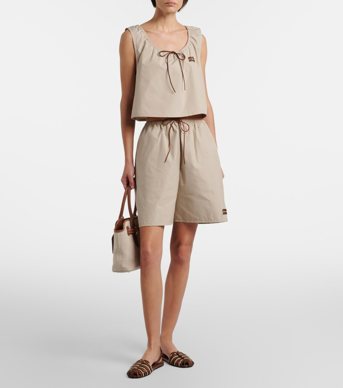 Miu Miu Leather-trimmed cotton-blend crop top