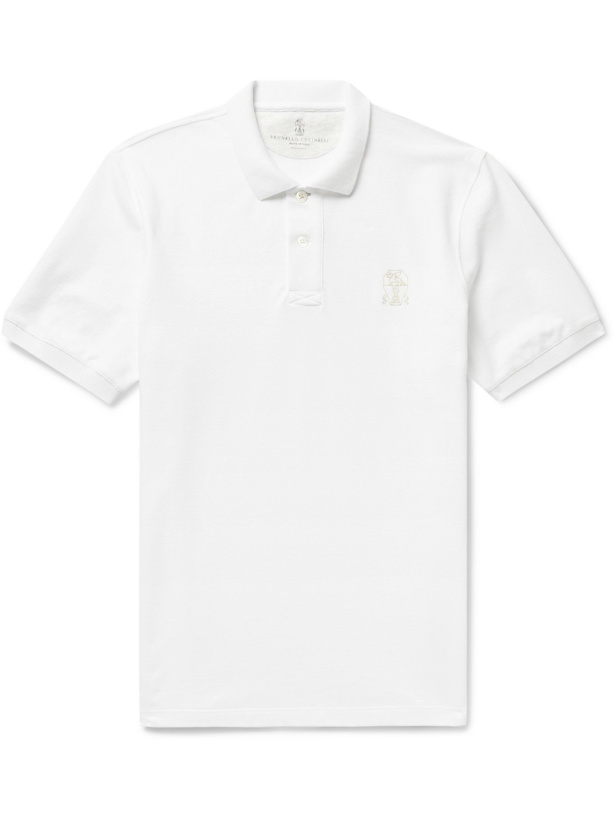 Photo: BRUNELLO CUCINELLI - Slim-Fit Logo-Embroidered Cotton-Piqué Polo Shirt - White