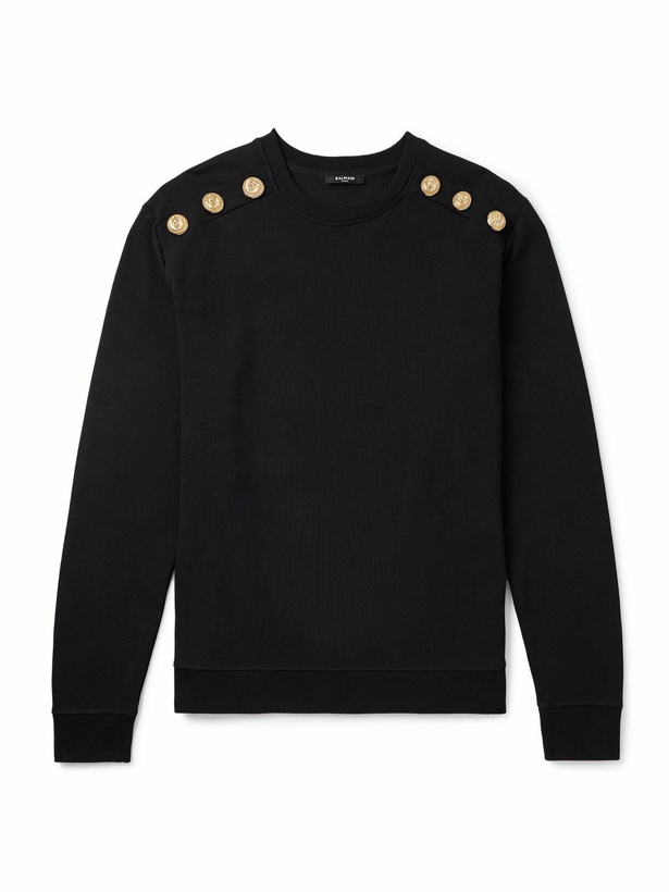 Photo: Balmain - Button-Embellished Cotton-Blend Sweatshirt - Black