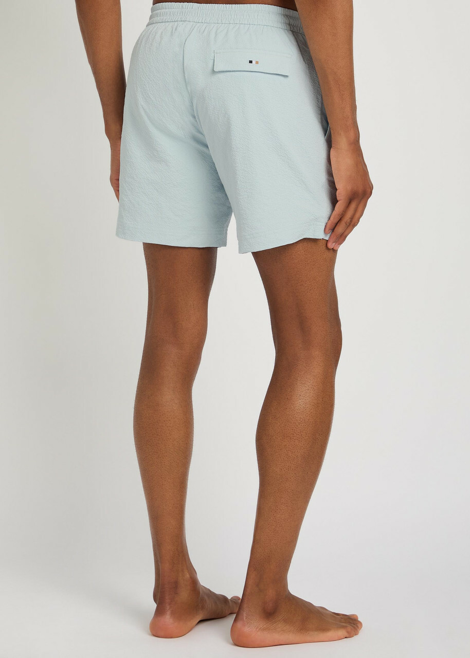 Boss Stretch-seersucker Swim Shorts Blue