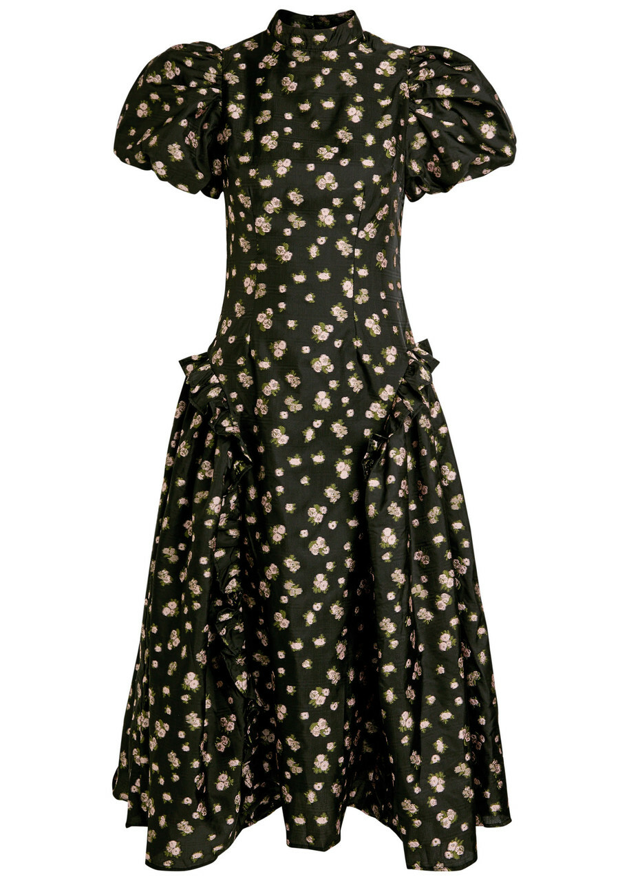 Sister Jane Tea Rose Floral-jacquard Woven Midi Dress Black