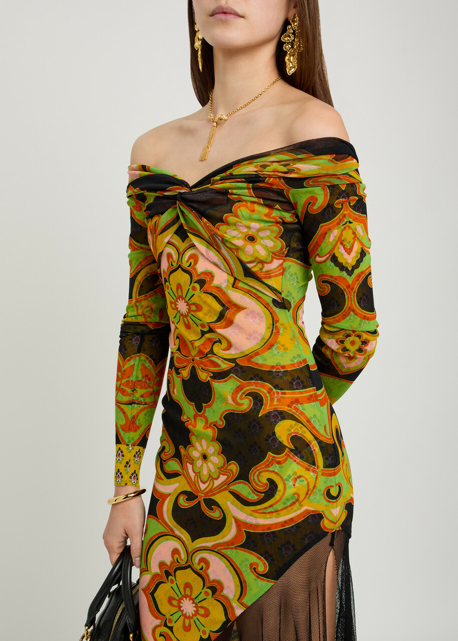 Etro Floral Print Tulle Asymmetric Mesh Maxi Dress Black