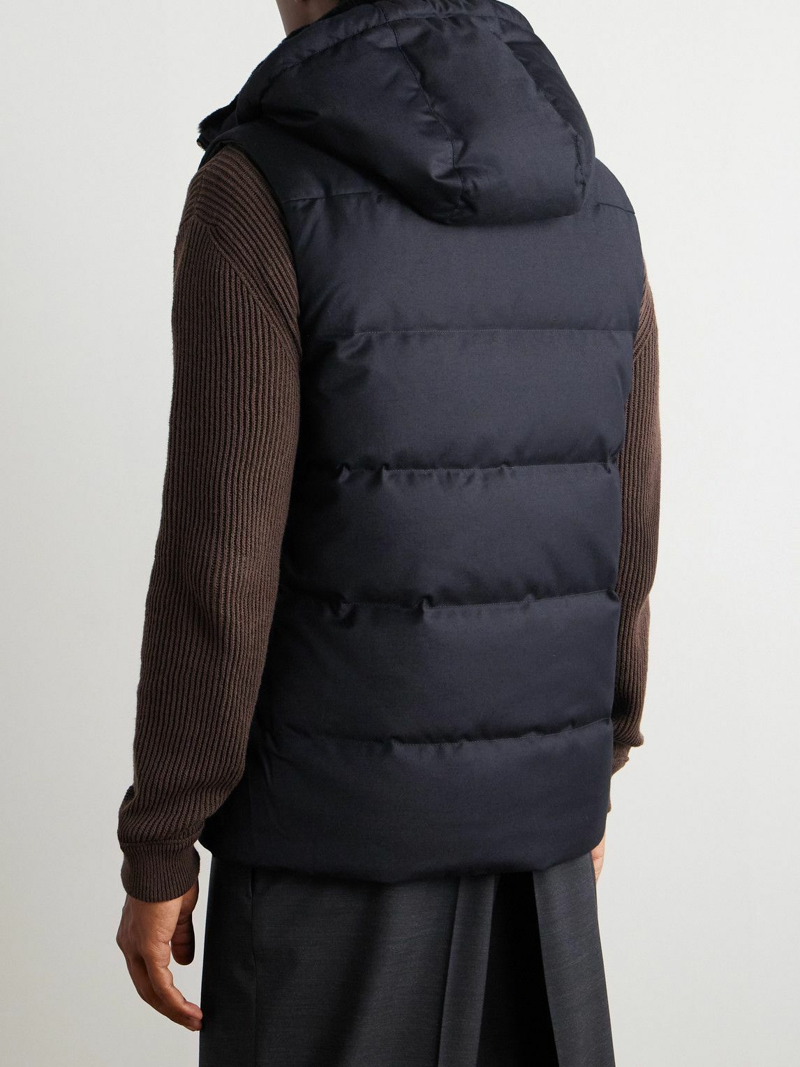 Yves Salomon - Shearling-Trimmed Quilted Wool and Silk-Blend Hooded Down Gilet - Blue