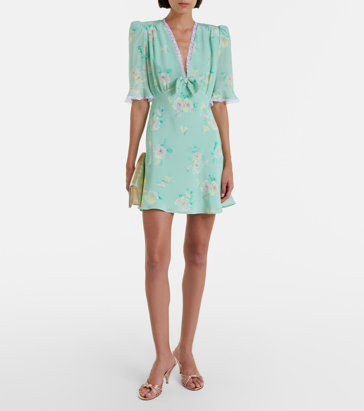 Alessandra Rich Lace-trimmed floral silk minidress