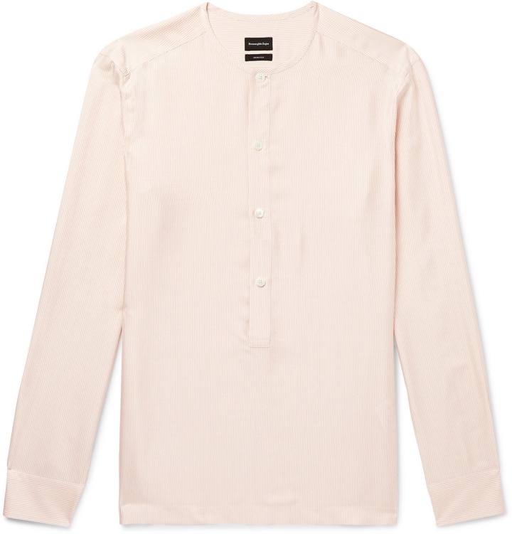 Photo: Ermenegildo Zegna - Grandad-Collar Pinstriped Silk Half-Placket Shirt - Pink