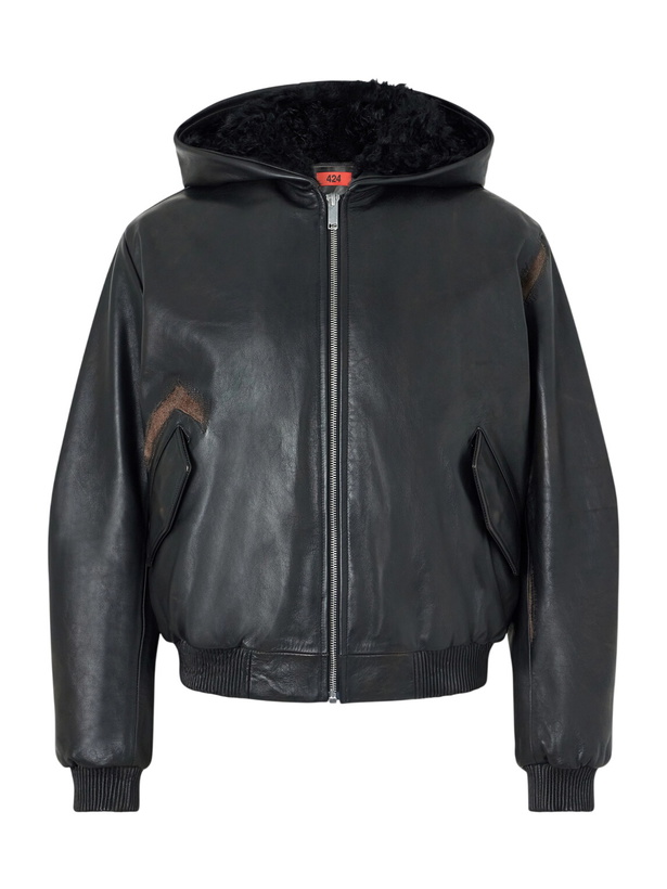 Photo: 424 - Padded Distressed Shearling-Trimmed Leather Jacket - Black