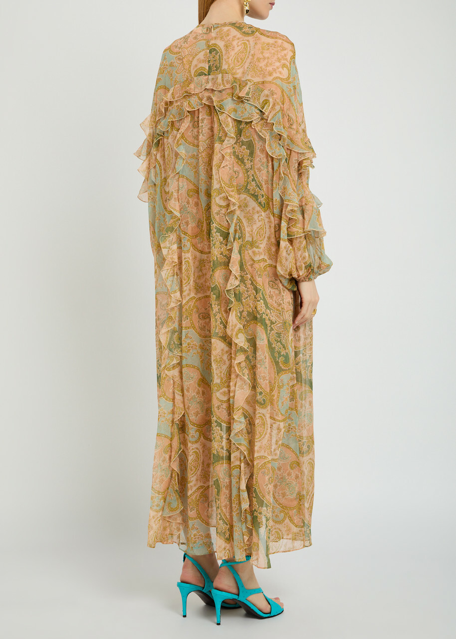 Zimmermann Luna Flutter Paisley Ruffled Silk Midi Dress Sage