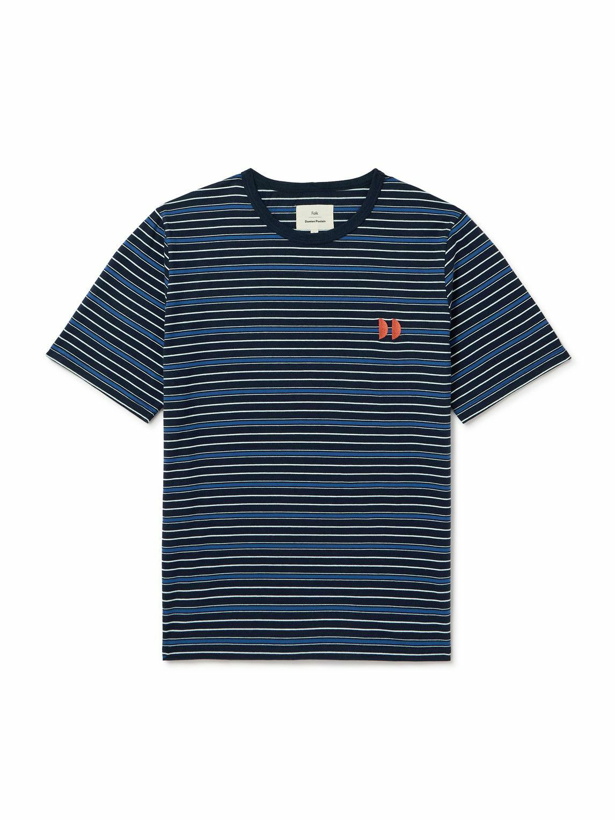 Photo: Folk - Embroidered Striped Cotton-Jersey T-Shirt - Blue