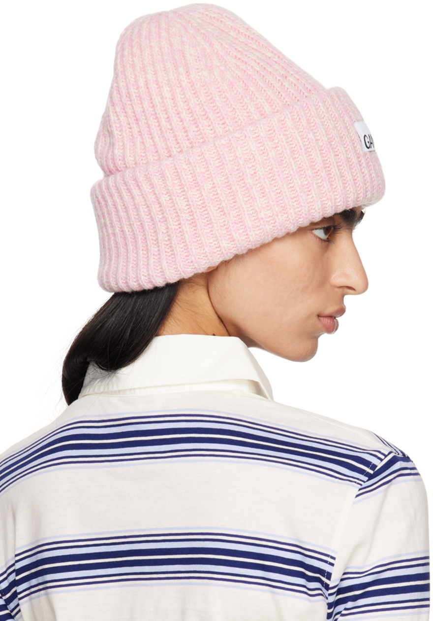 GANNI Pink Oversized Wool Rib Knit Beanie GANNI