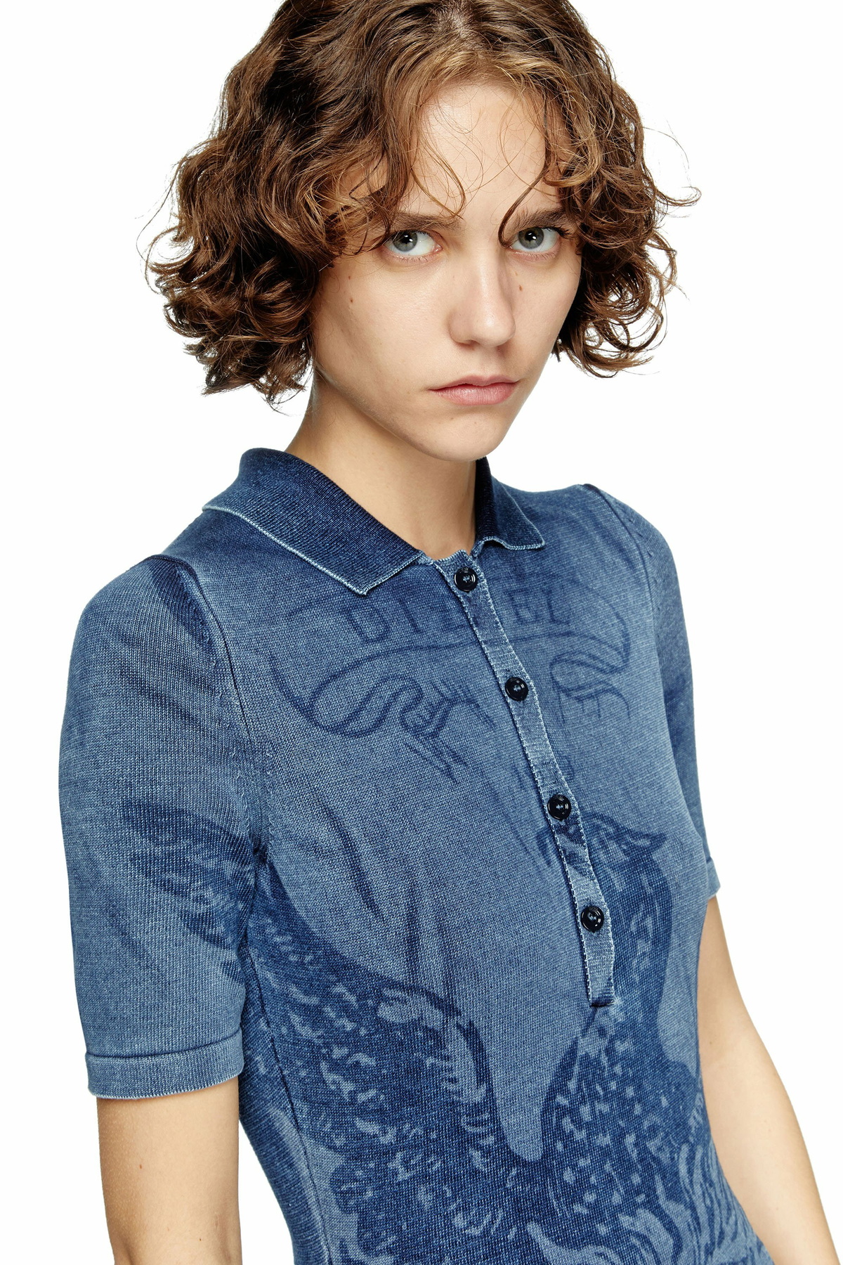 Diesel Polo midi dress in denim-effect knit - Dresses Womens in Blue