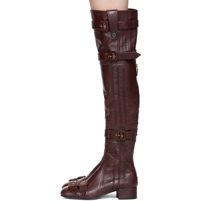 Prada Burgundy Buckle Over-the-Knee Boots