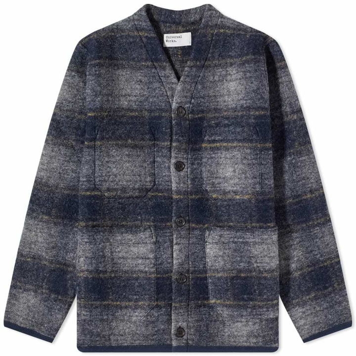 Photo: Universal Works Men's Check Wool Fleece Cardigan in Navy &Grey