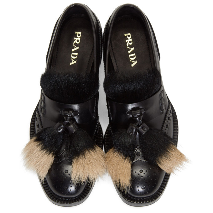 Prada Black Leather and Pony Hair Brogue Loafers Prada display picture 1