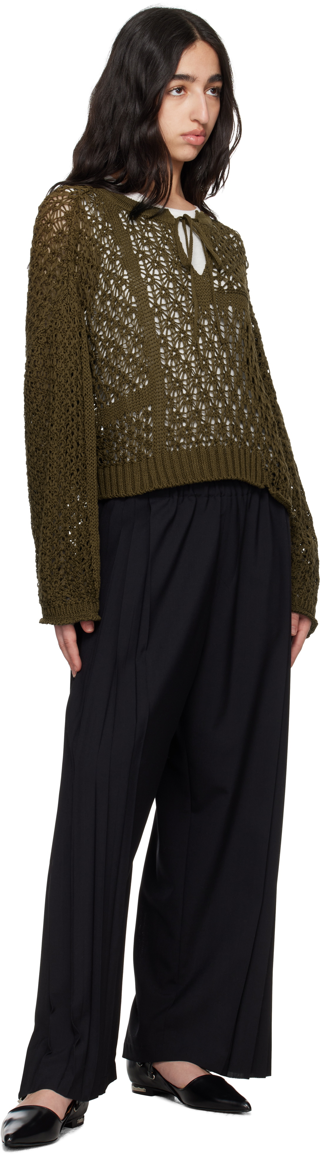 Y's Khaki Openwork Design Henry Wide Sleeve Sweater