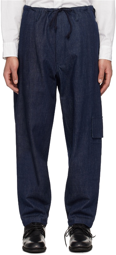 Photo: Y's For Men Indigo Drawstring Denim Cargo Pants