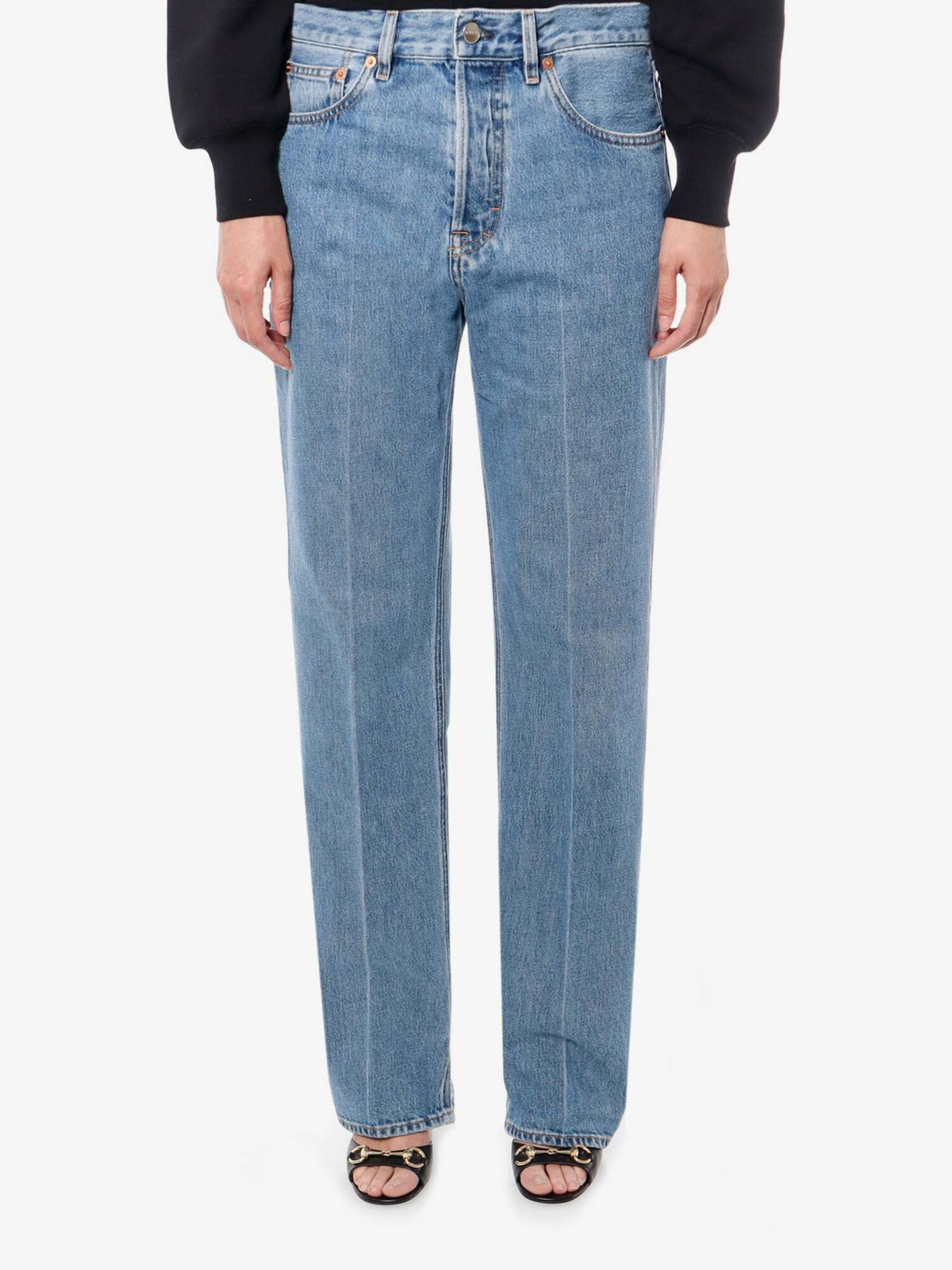 デニム・ジーパン GUCCI Woman Jeans Blue 816971XDC5F 4100 Denim pant with Gucci label in dark blue | GUCCI® US