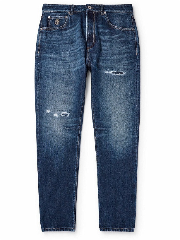 Photo: Brunello Cucinelli - Slim-Fit Tapered Logo-Embroidered Distressed Jeans - Blue