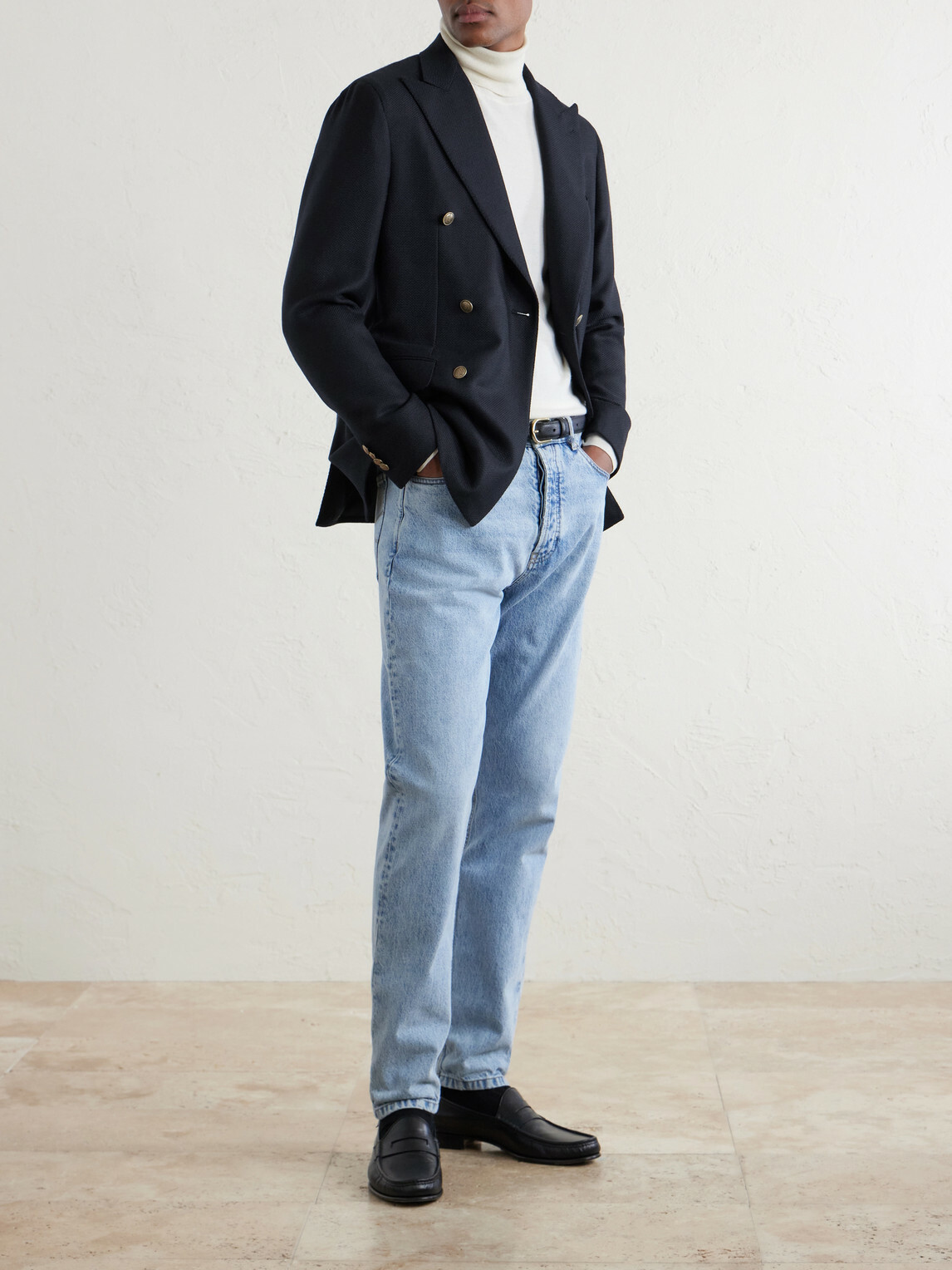 Caruso - Aida Double-Breasted Wool-Basketweave Blazer - Blue