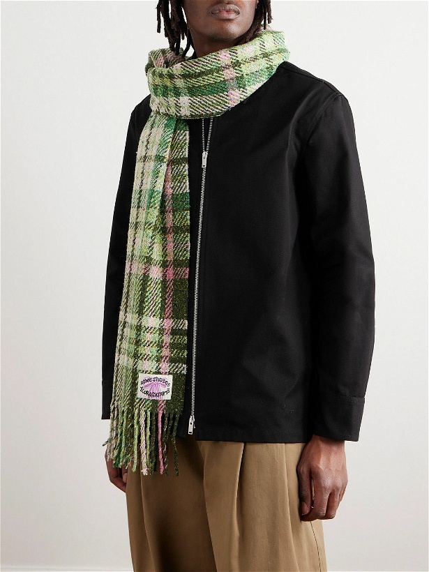 Photo: Acne Studios - Volano Logo-Appliquéd Fringed Checked Knitted Scarf