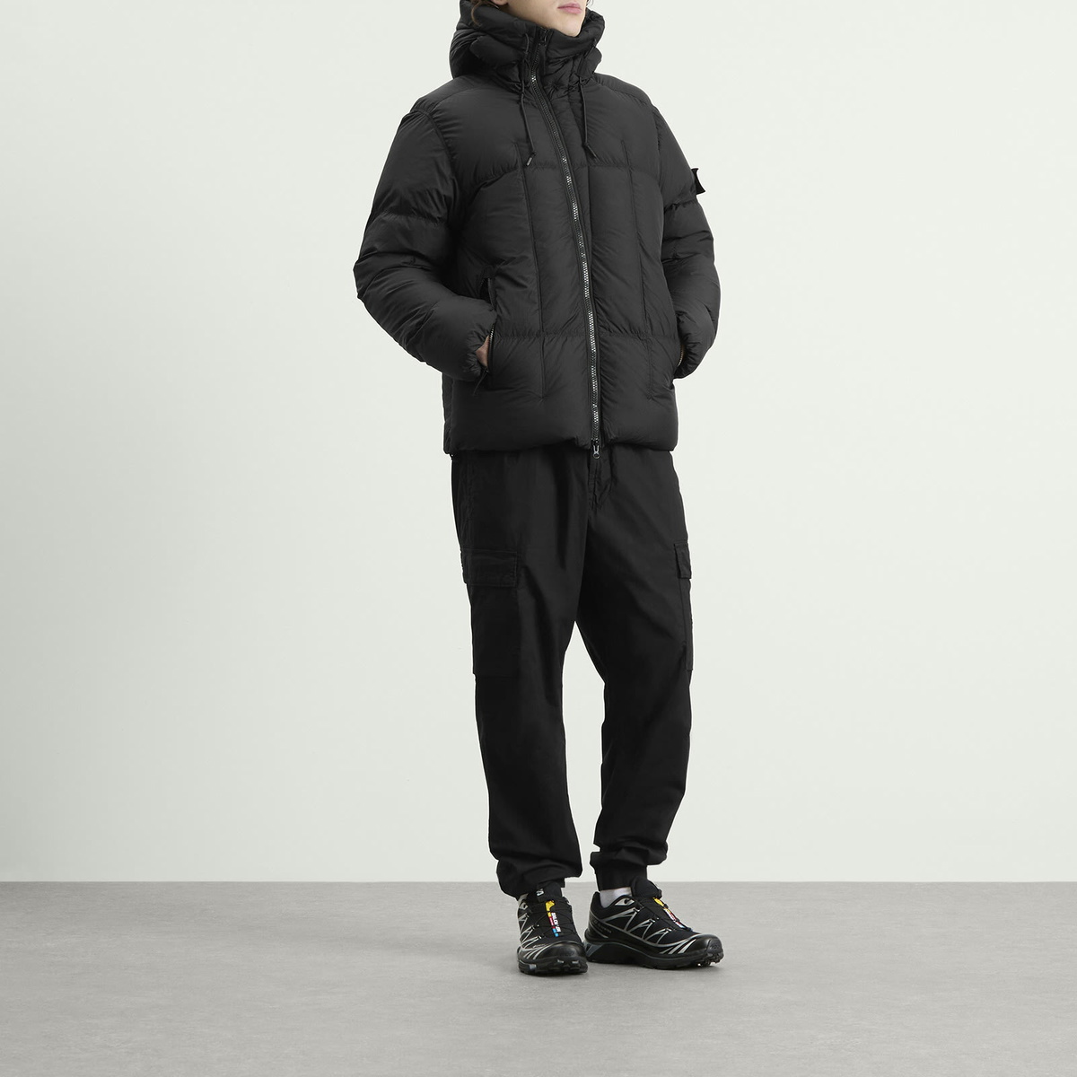 Stone Island Men's Seam Faded Light Nylon Tela Down Jacket in Black