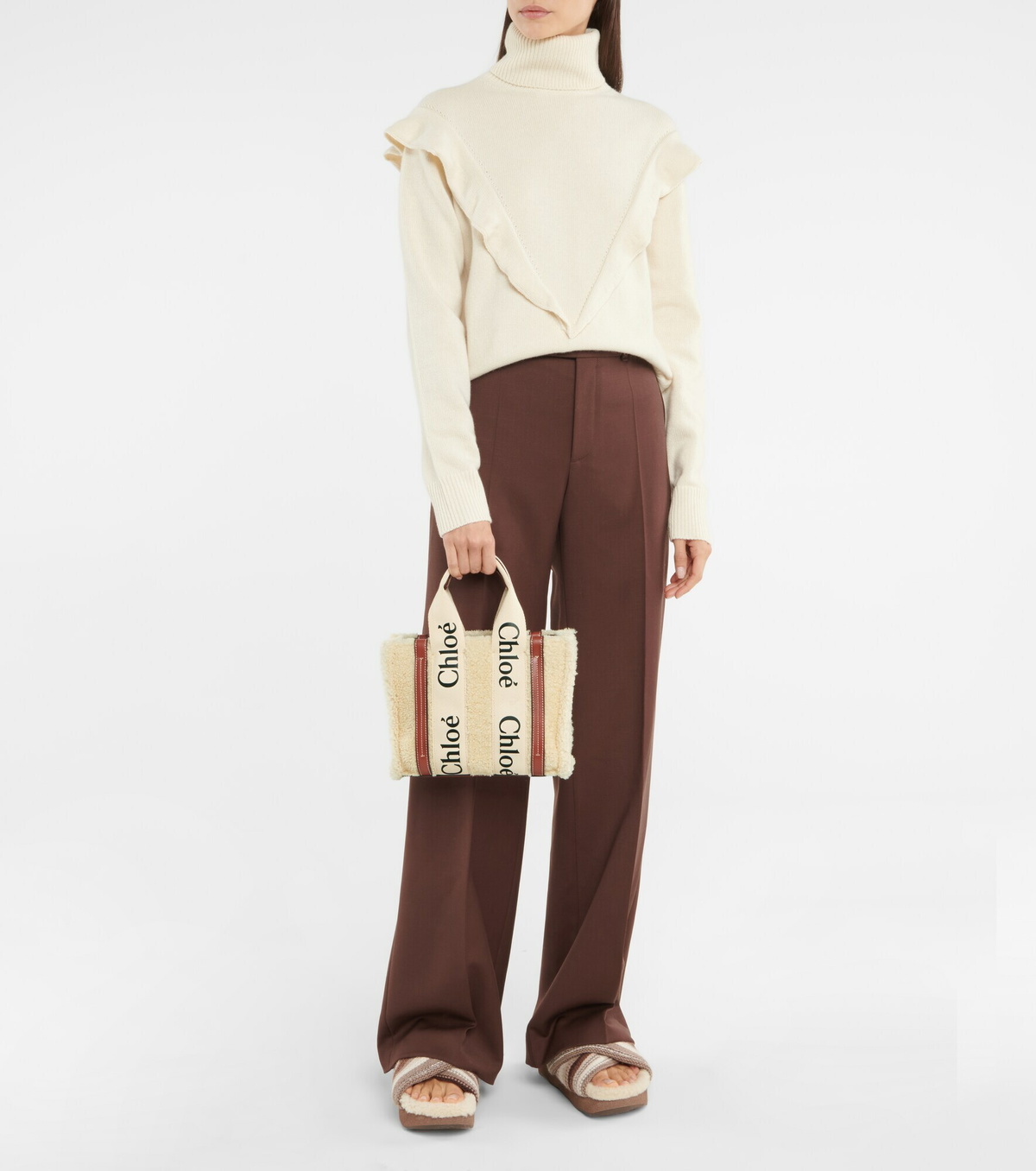 Chloe - Woody Small shearling and leather tote Chloe