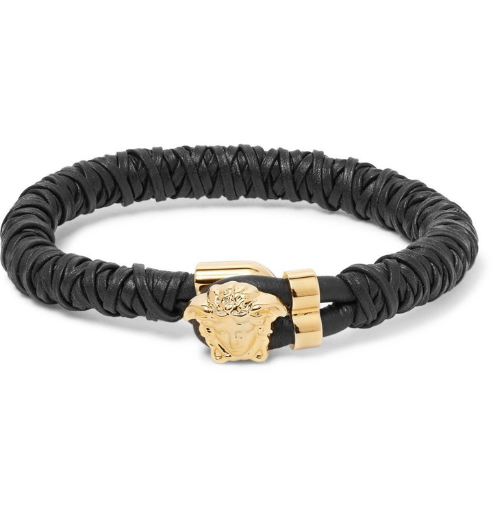 Photo: Versace - Woven Leather Gold-Tone Bracelet - Black