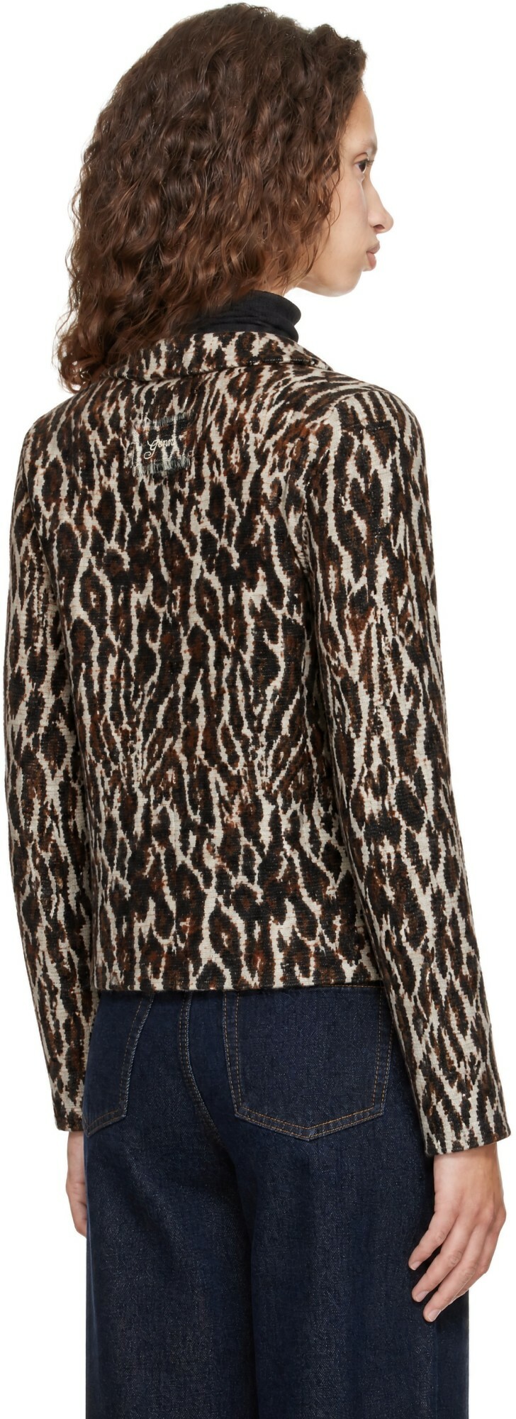 GANNI Brown Brushed Leopard Jacquard Blazer