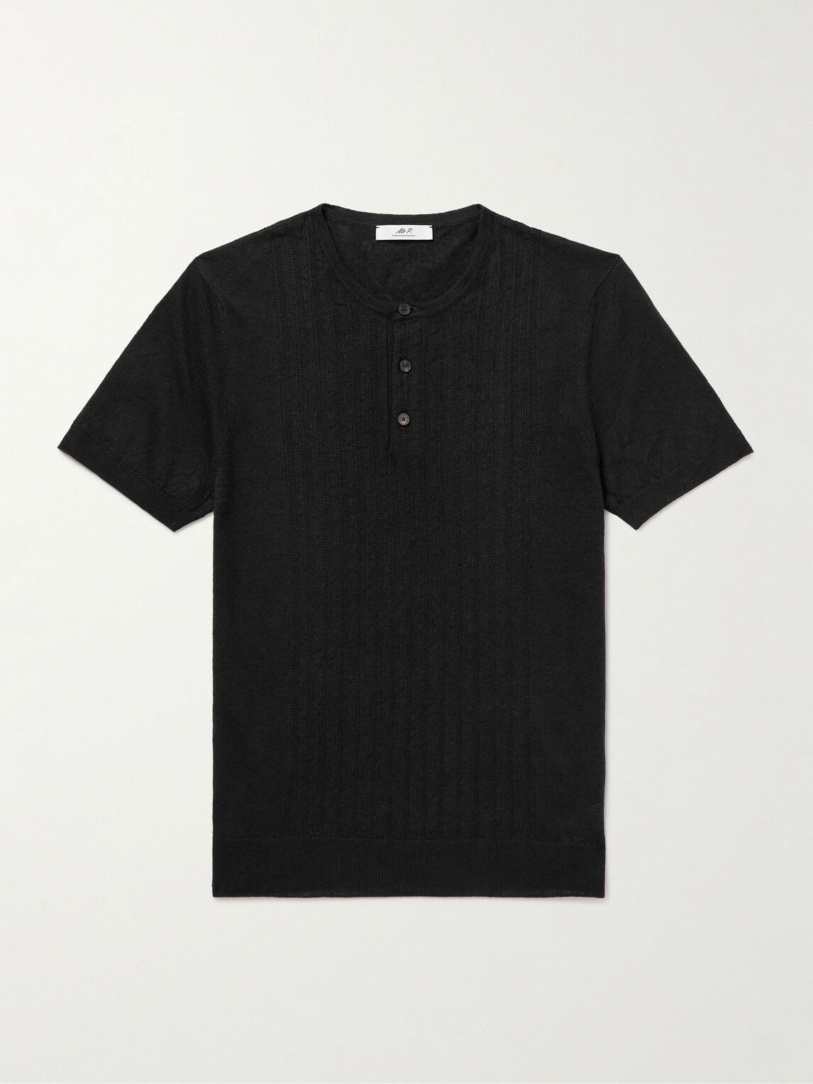 Mr P. - Pointelle-Knit Linen and Cotton-Blend Henley T-Shirt - Black