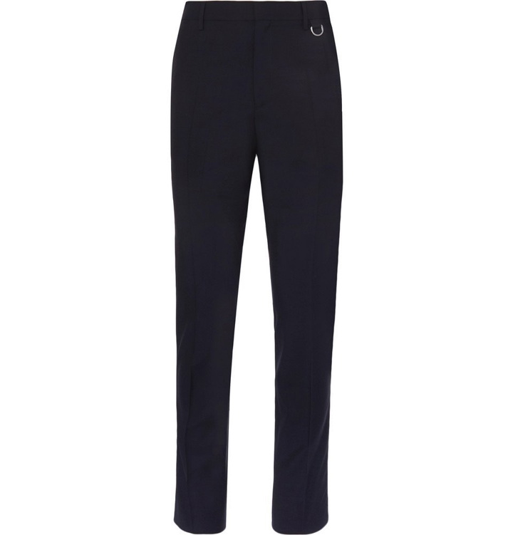 Photo: Valentino - Navy Slim-Fit Stripe-Trimmed Wool and Mohair-Blend Trousers - Men - Navy