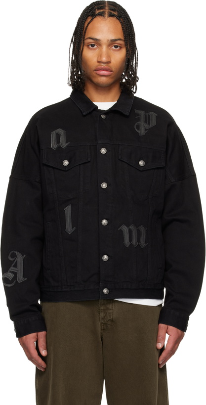 Photo: Palm Angels Black Gothic Logo Denim Jacket