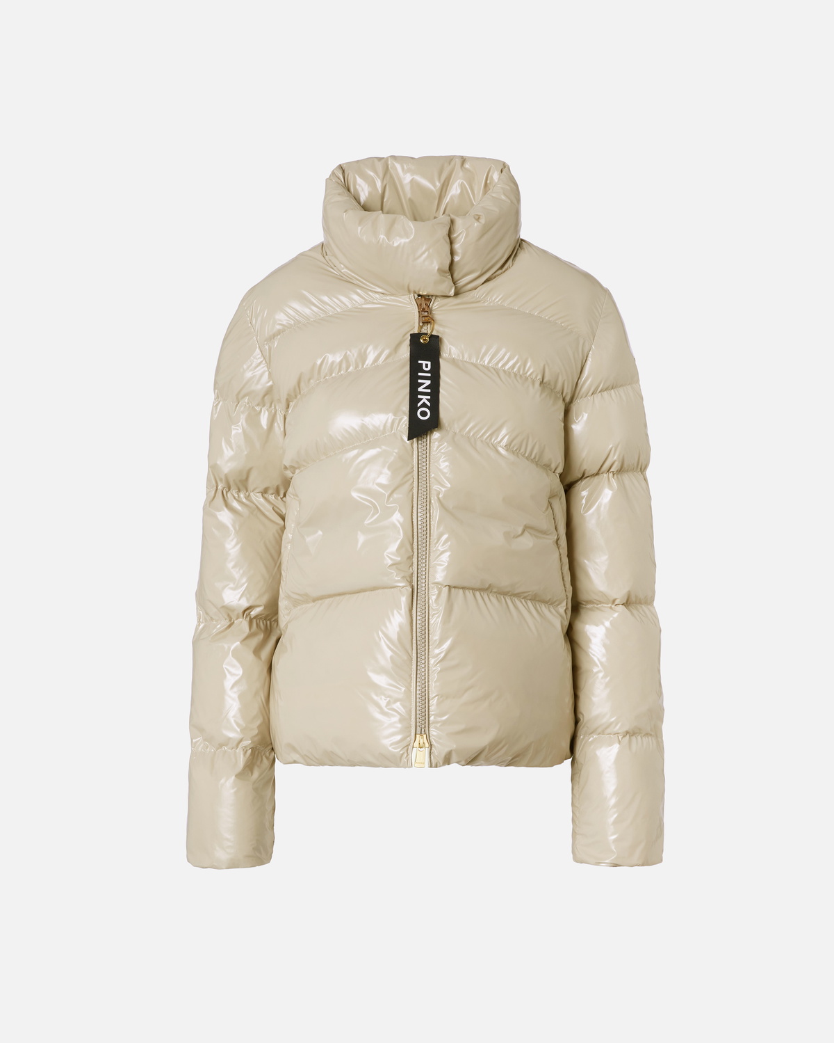 Pinko Padded Crystal Nylon Pea Jacket Beige Pinko