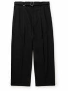 Loewe - Wide-Leg Leather-Trimmed Pleated Wool-Twill Trousers - Black