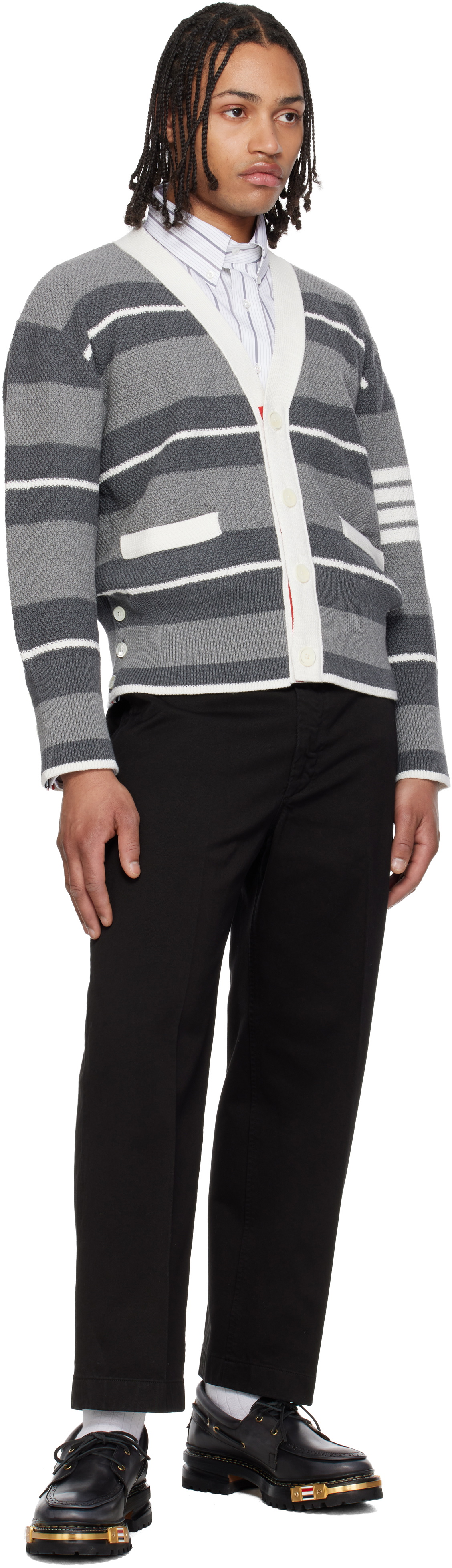 Thom Browne Gray Classic Stripe Seed Stitch 4-Bar Cardigan