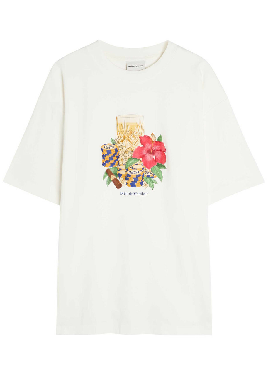 DRÔLE DE Monsieur Hibiscus Club Printed Cotton T-shirt Off White
