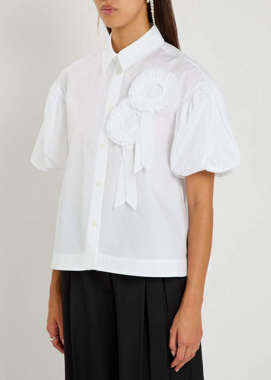 Simone Rocha Floral-appliquéd Cropped Cotton-poplin Shirt White