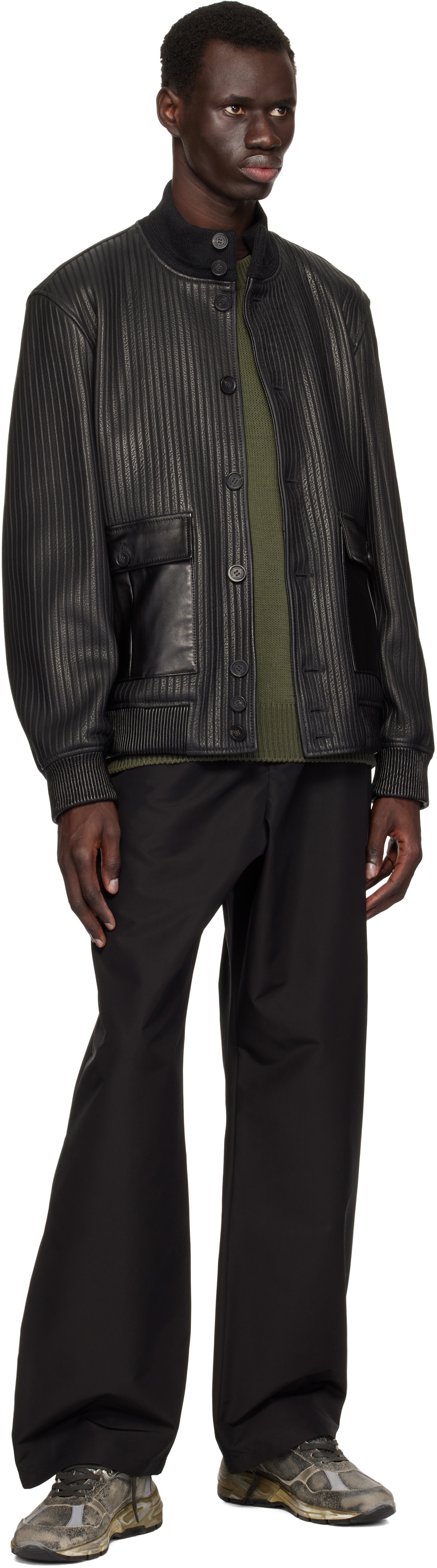 Golden Goose Black Embossed Stripes Leather Bomber Jacket